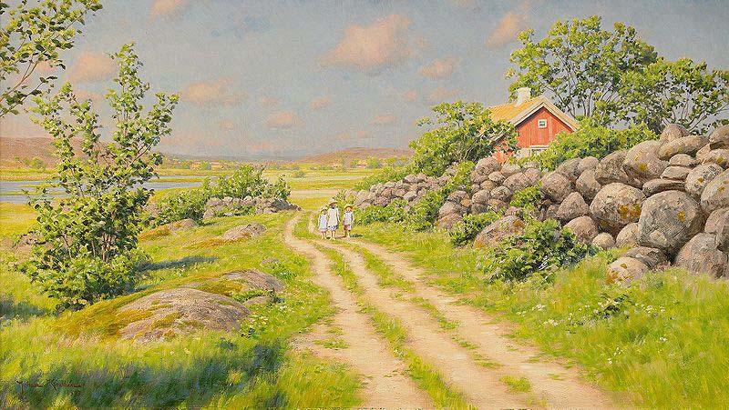 johan krouthen Sommarlandskap med vandrande barn oil painting image